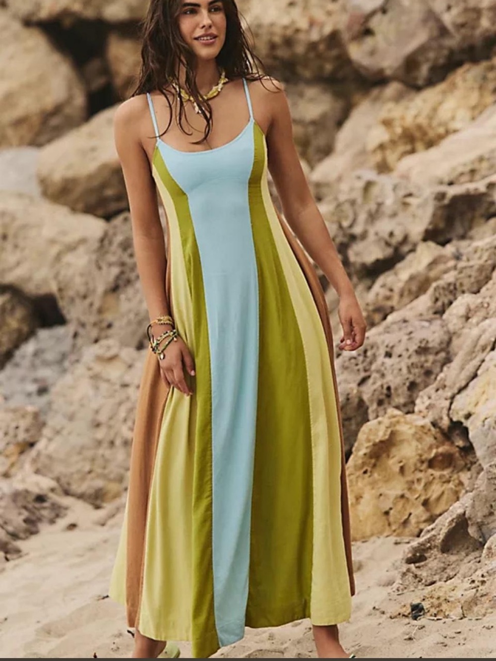 NWT Free People Retro Color Harmony Maxi Dress in Blue, yellow, orange and green